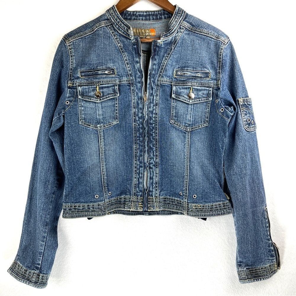 Yuka Denim Jean Jacket Grommet Accents Zip Pockets Mandarin Collar Juniors Large